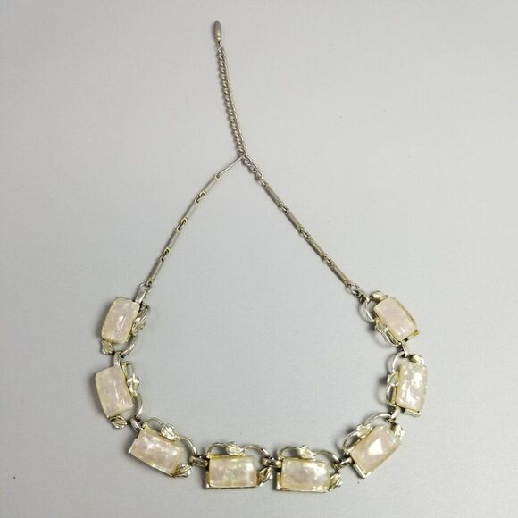 Vintage Cream Lucite Rectangle Cabochon Panel Collar Necklace, Silver Tone Chain - Picture 3 of 8